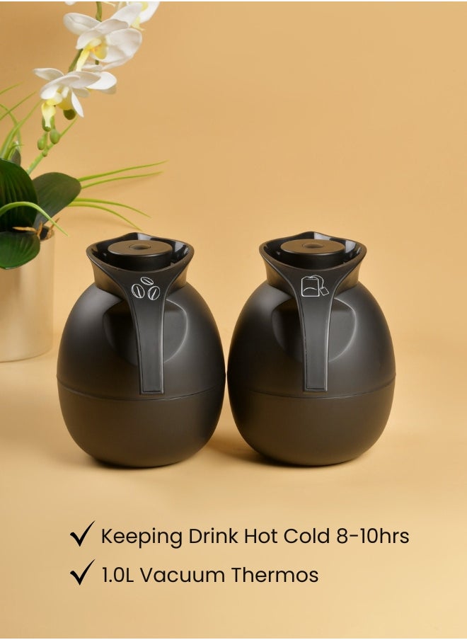 Set of 2 High Quality Vaccum Flask for Coffee Tea Water 1000ml Black