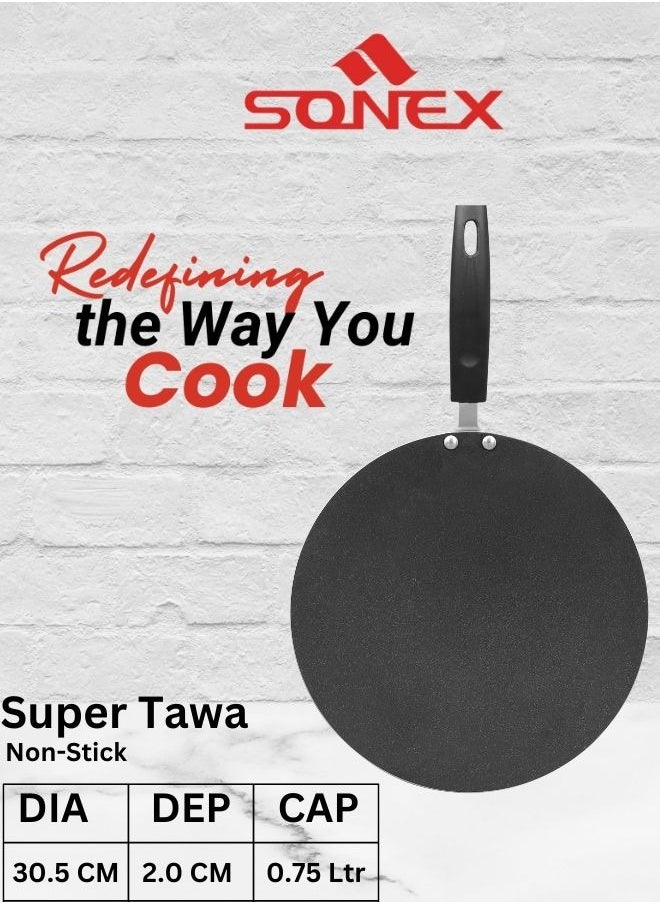 Sonex Non Stick Super Tawa, Bakelite Heat Resistant Handle, High Quality Aluminum, Premium Non Stick Coating, Even Heating, Durable Construction, Easy to Clean, Black, 30.5Cm.