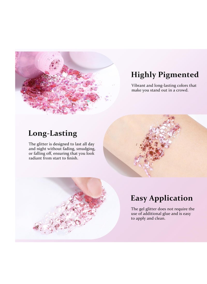 Long Lasting Rose Body Glitter Holographic Sparkling Cosmetic Grade Chunky Glitter for Face Hair (Rose)