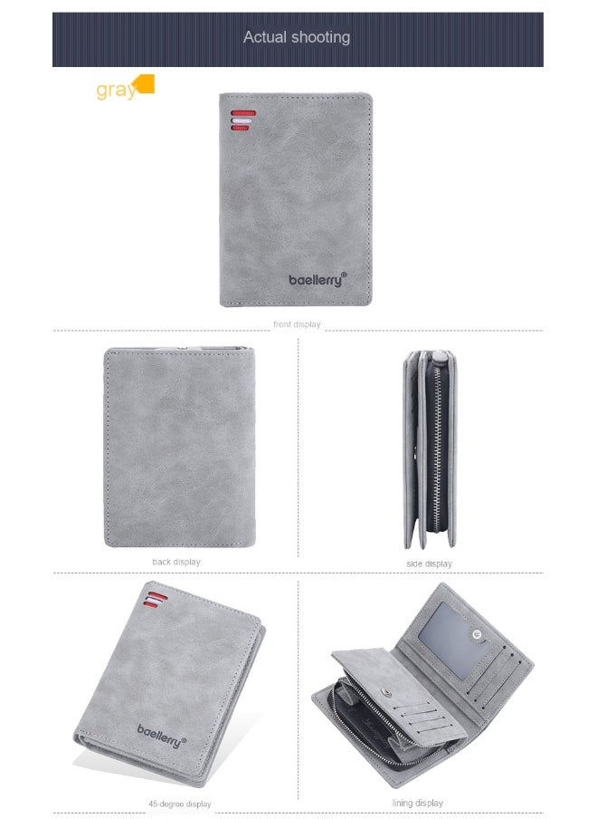 Men's Short Wallet Euro-American Multi-card Coin Wallet Zipper Strap Abrasive Leather Money Clip