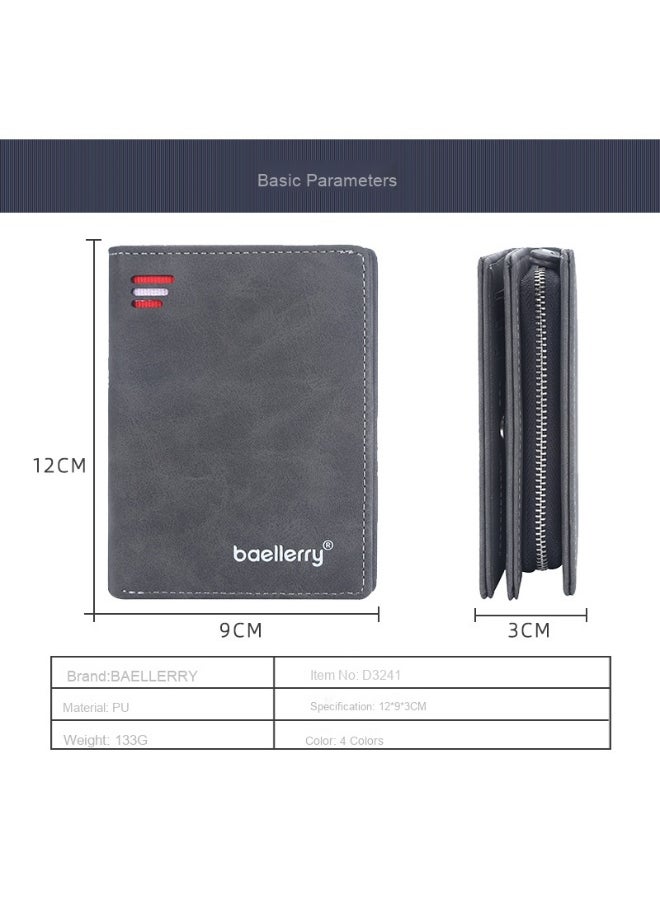 Men's Short Wallet Euro-American Multi-card Coin Wallet Zipper Strap Abrasive Leather Money Clip