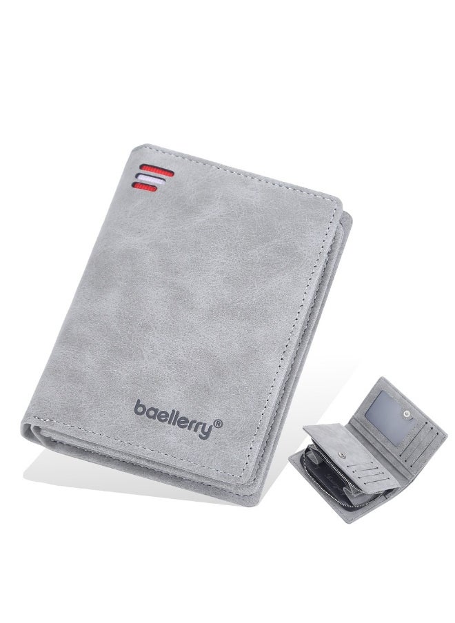 Men's Short Wallet Euro-American Multi-card Coin Wallet Zipper Strap Abrasive Leather Money Clip