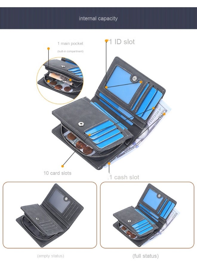 Men's Short Wallet Euro-American Multi-card Coin Wallet Zipper Strap Abrasive Leather Money Clip