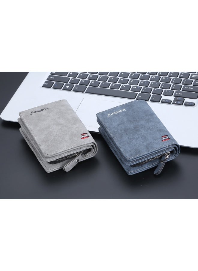 Men's Short Wallet Euro-American Multi-card Coin Wallet Zipper Strap Abrasive Leather Money Clip