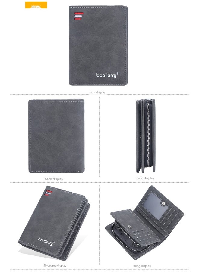 Men's Short Wallet Euro-American Multi-card Coin Wallet Zipper Strap Abrasive Leather Money Clip