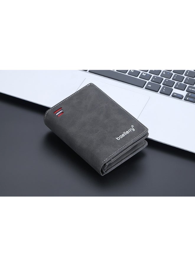 Men's Short Wallet Euro-American Multi-card Coin Wallet Zipper Strap Abrasive Leather Money Clip