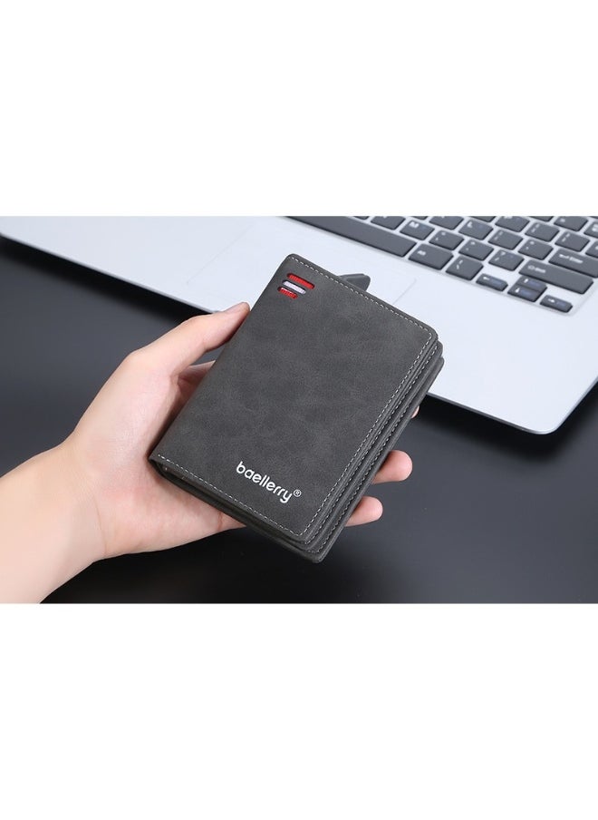 Men's Short Wallet Euro-American Multi-card Coin Wallet Zipper Strap Abrasive Leather Money Clip