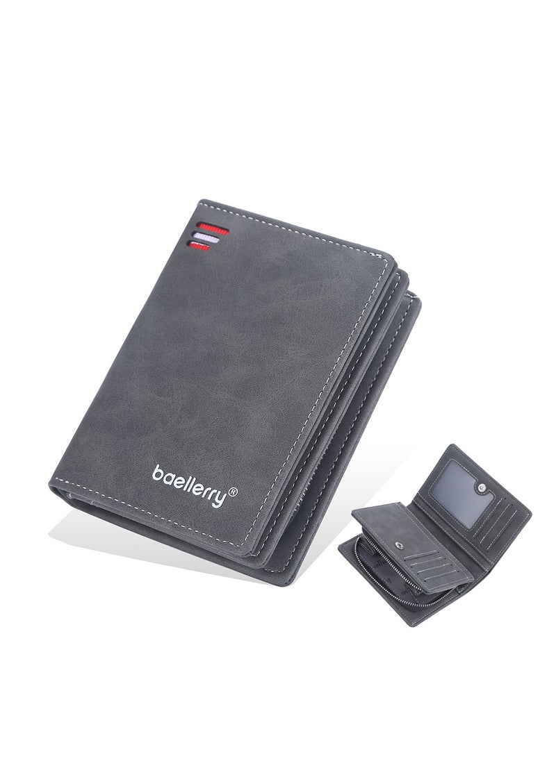 Men's Short Wallet Euro-American Multi-card Coin Wallet Zipper Strap Abrasive Leather Money Clip