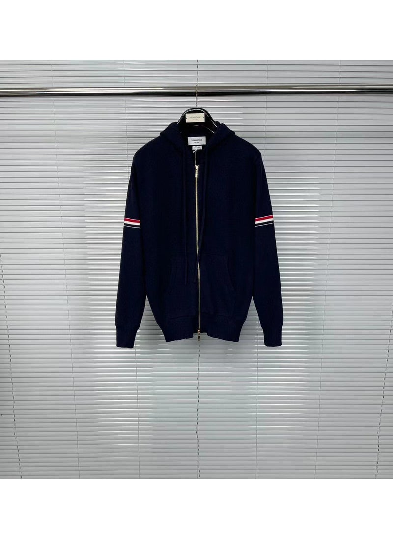 TB Tom Autumn/Winter New Double Sleeve Knit Hooded Zipper Jacket Men Womens Casual Jacket Factory Direct Navy blue