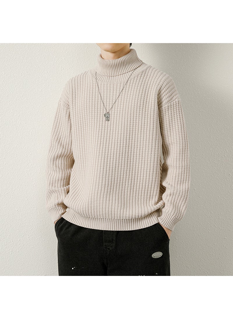 Mens High Collar Knitted Sweater Thickened Winter Fashion Brand Striped Base Layer Cotton Long Sleeve Straight Cut Knitwear Beige