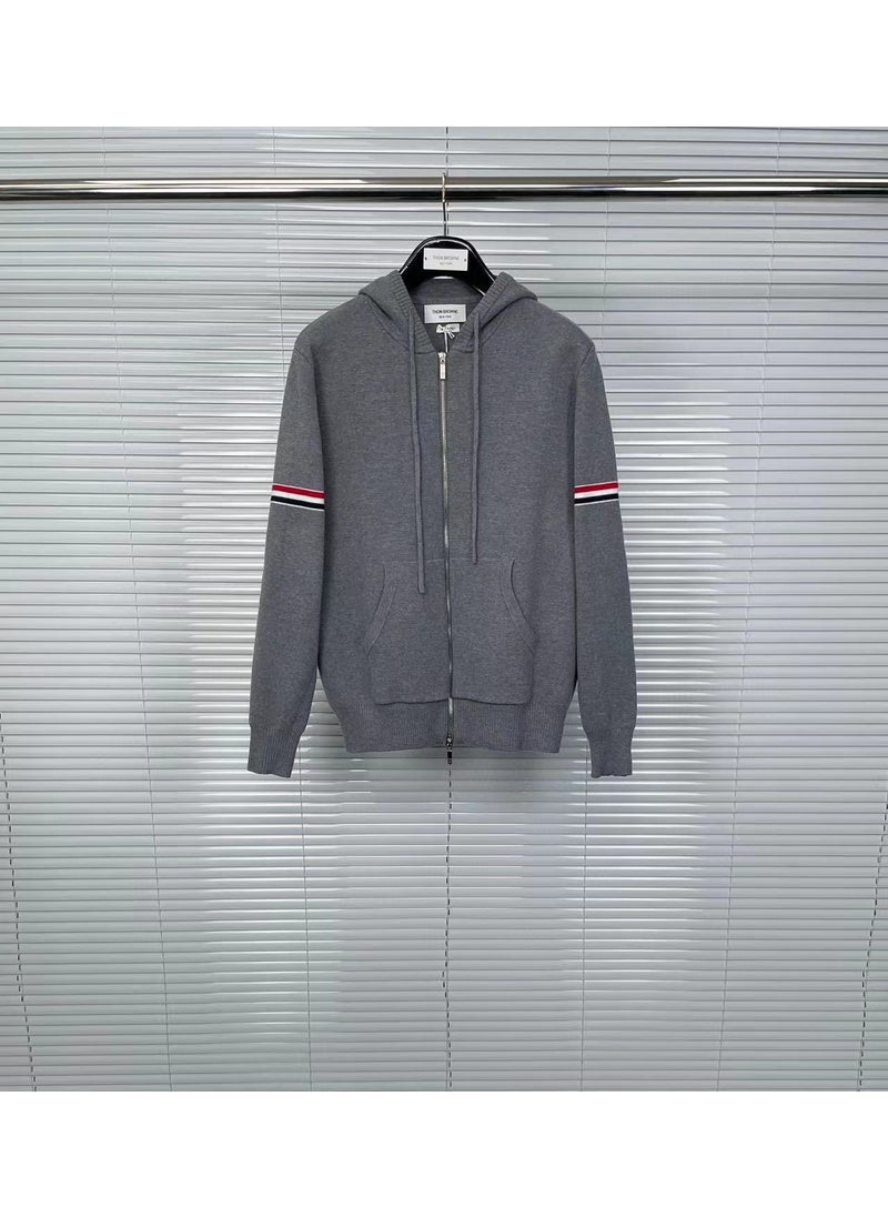 TB Tom Autumn/Winter New Double Sleeve Knit Hooded Zipper Jacket Men Womens Casual Jacket Factory Direct Gray