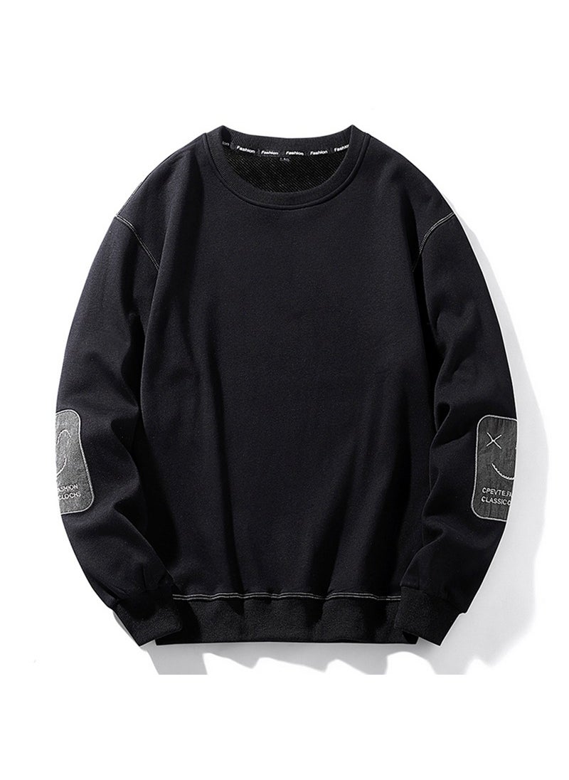 Mens Autumn/winter Fleece-lined Thickened Warm Long Sleeve Sweatshirt Casual Round Neck Pullover Top Trendy Youth Style 2-12 red-fleece-lined