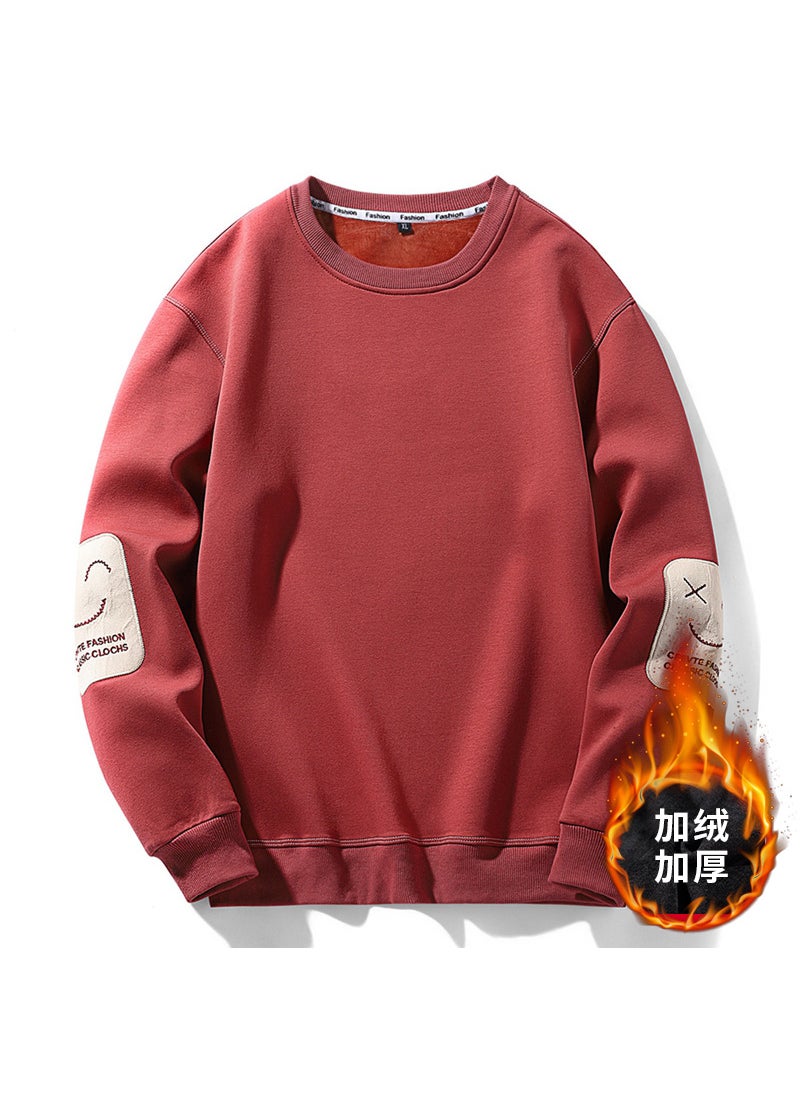 Mens Autumn/winter Fleece-lined Thickened Warm Long Sleeve Sweatshirt Casual Round Neck Pullover Top Trendy Youth Style 2-12 red-fleece-lined
