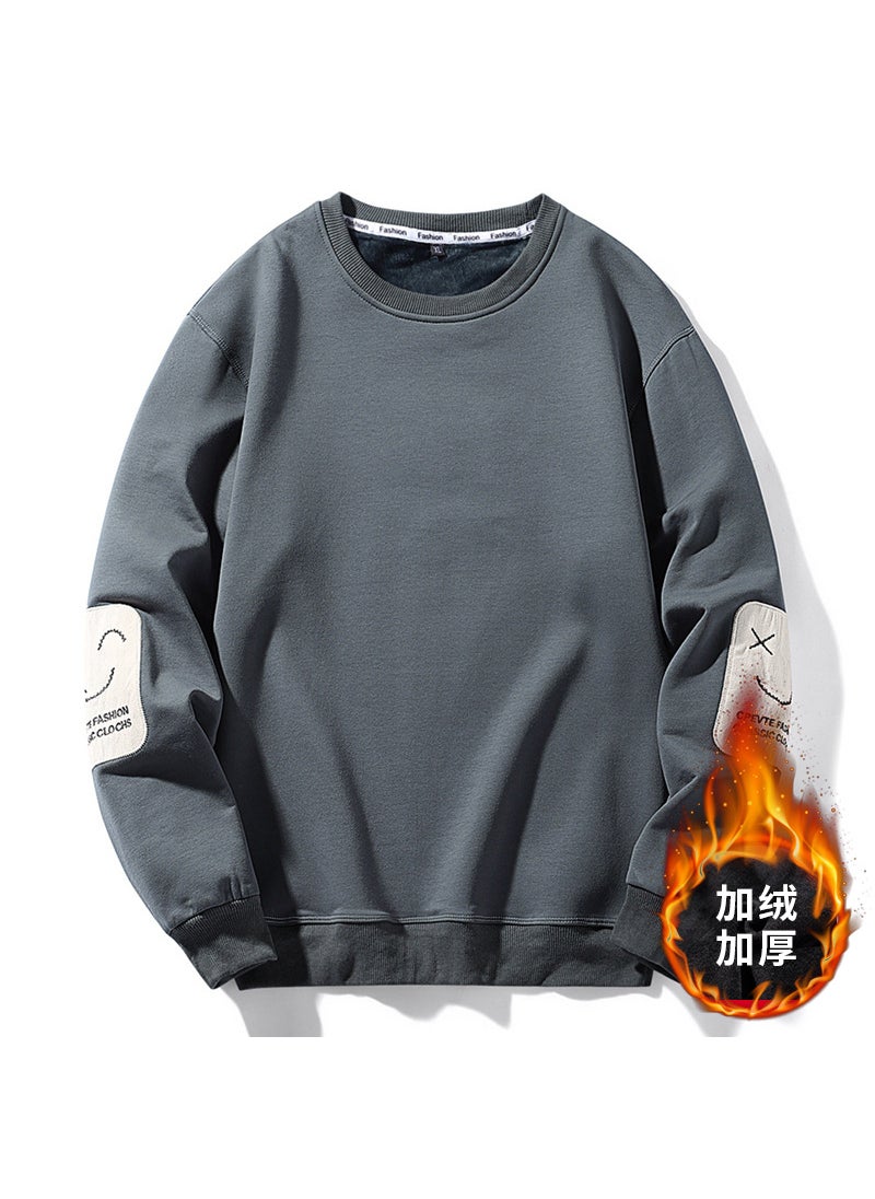 Mens Autumn/winter Fleece-lined Thickened Warm Long Sleeve Sweatshirt Casual Round Neck Pullover Top Trendy Youth Style 2-12 red-fleece-lined