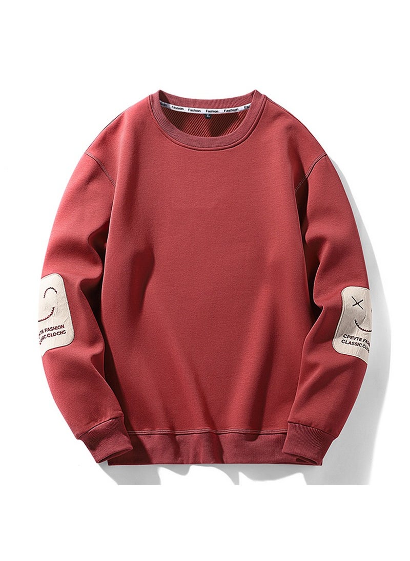 Mens Autumn/winter Fleece-lined Thickened Warm Long Sleeve Sweatshirt Casual Round Neck Pullover Top Trendy Youth Style 2-12 red-fleece-lined