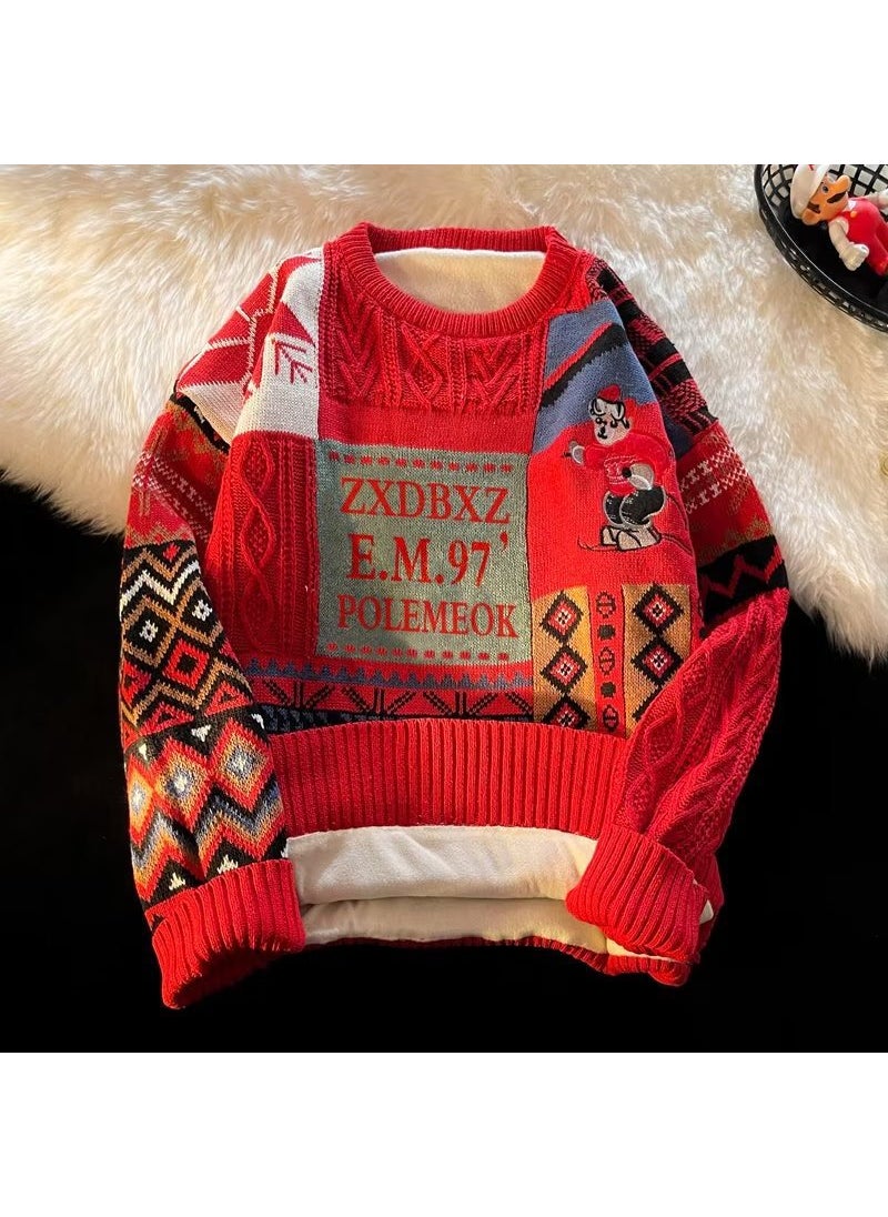 Mens Trendy Thicken Knit Sweater JM24-red [plus velvet]]