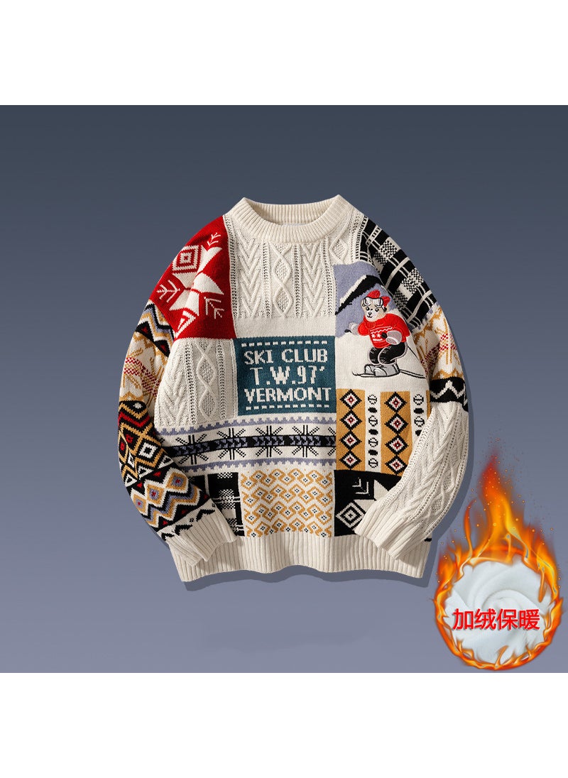 Trendy Hong Kong Style Knitted Sweater Winter Fleece Lined Thickened Warm Couple Pullover Jacket For Couples Apricot