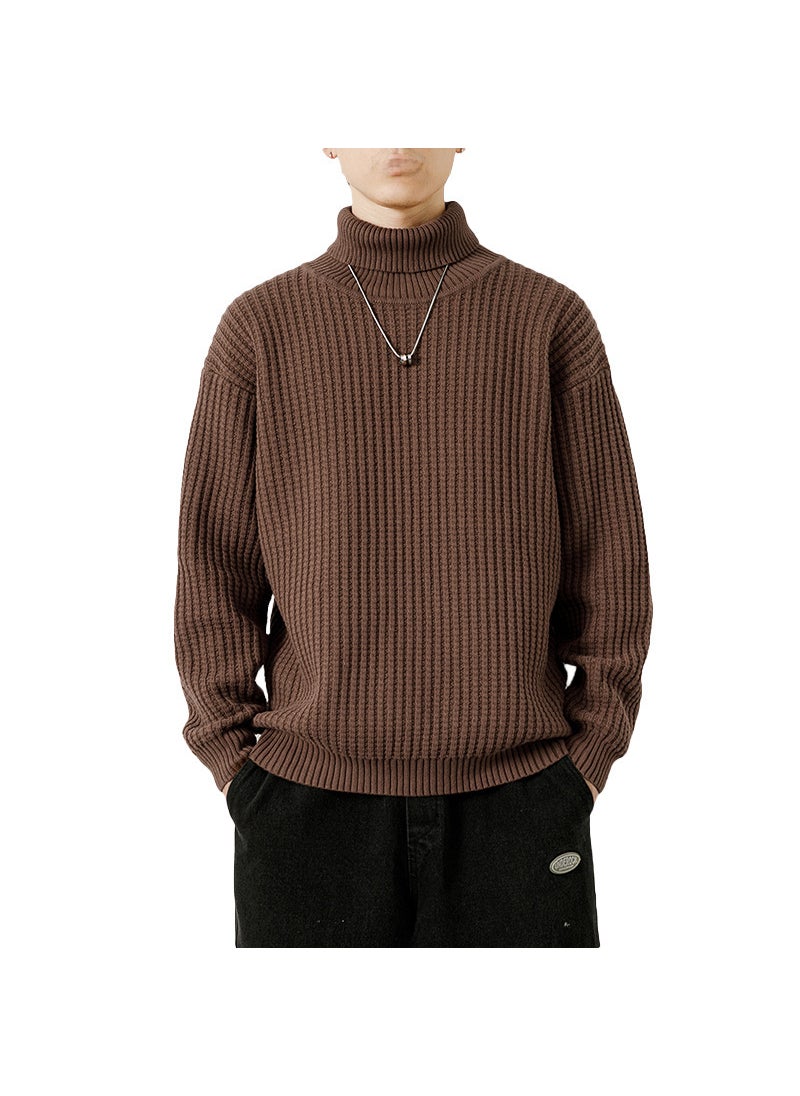 Mens High Collar Knitted Sweater Thickened Winter Fashion Brand Striped Base Layer Cotton Long Sleeve Straight Cut Knitwear Black