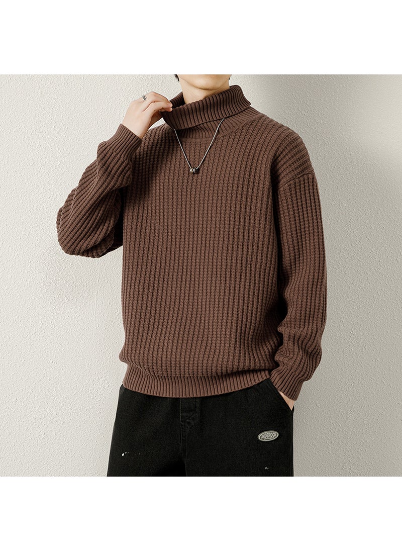 Mens High Collar Knitted Sweater Thickened Winter Fashion Brand Striped Base Layer Cotton Long Sleeve Straight Cut Knitwear Black