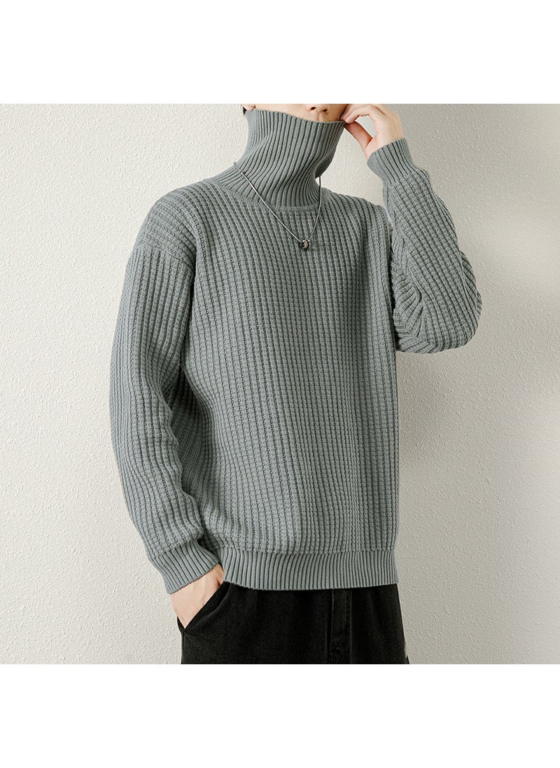Mens High Collar Knitted Sweater Thickened Winter Fashion Brand Striped Base Layer Cotton Long Sleeve Straight Cut Knitwear Black