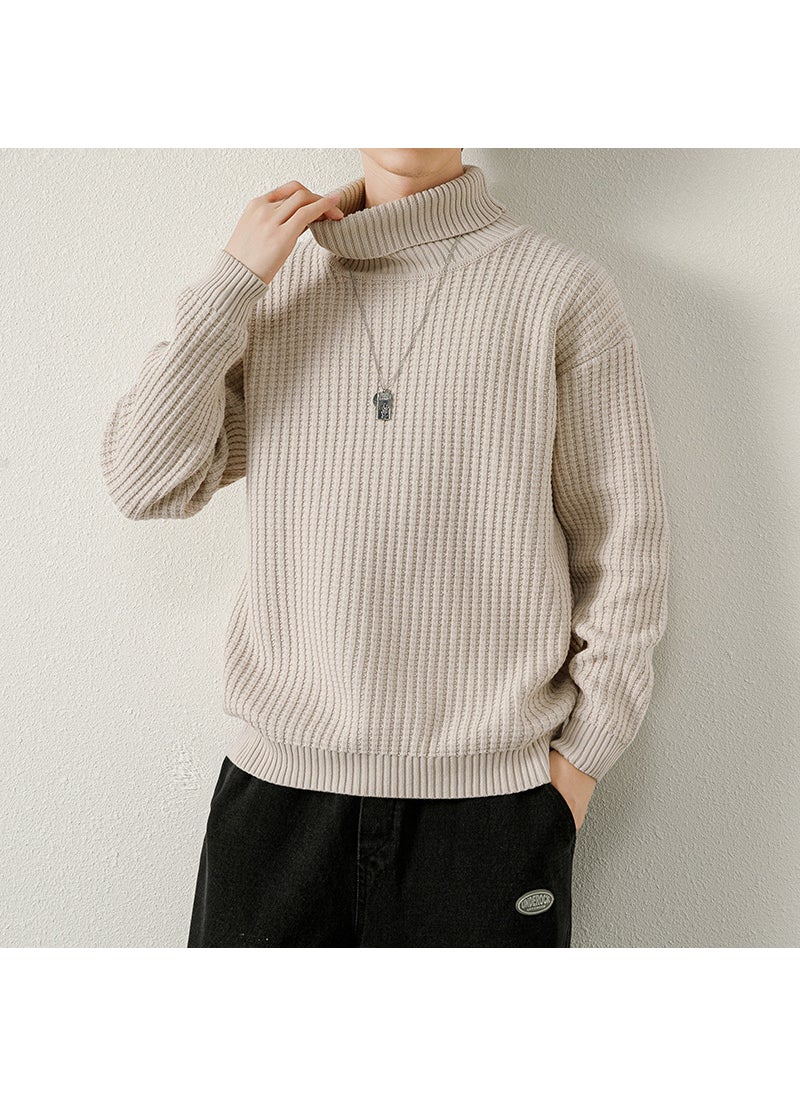 Mens High Collar Knitted Sweater Thickened Winter Fashion Brand Striped Base Layer Cotton Long Sleeve Straight Cut Knitwear Black