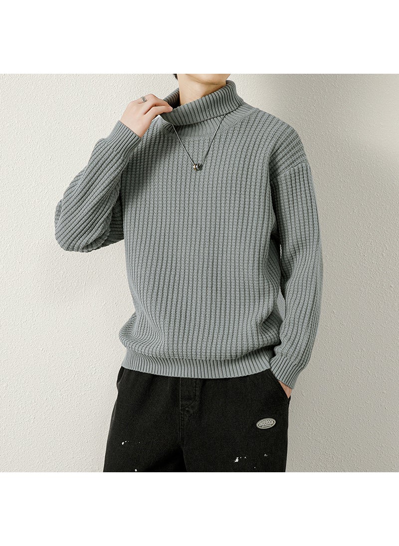 Mens High Collar Knitted Sweater Thickened Winter Fashion Brand Striped Base Layer Cotton Long Sleeve Straight Cut Knitwear Grey