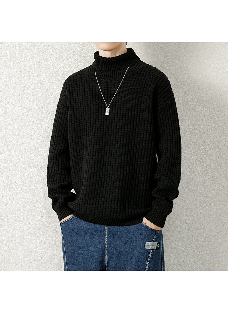 Mens High Collar Knitted Sweater Thickened Winter Fashion Brand Striped Base Layer Cotton Long Sleeve Straight Cut Knitwear Grey