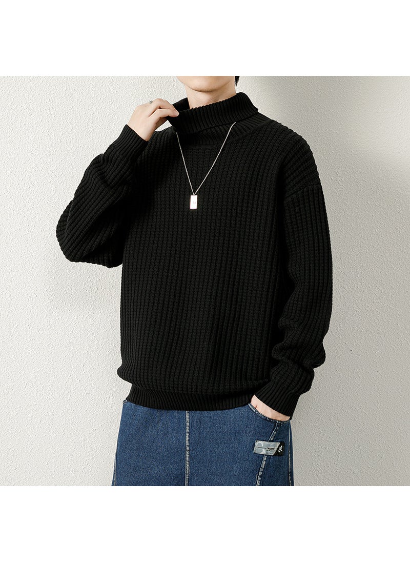 Mens High Collar Knitted Sweater Thickened Winter Fashion Brand Striped Base Layer Cotton Long Sleeve Straight Cut Knitwear Grey