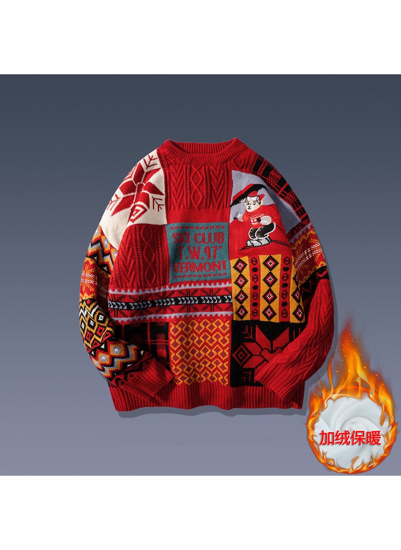 Trendy Hong Kong Style Knitted Sweater Winter Fleece Lined Thickened Warm Couple Pullover Jacket For Couples Red
