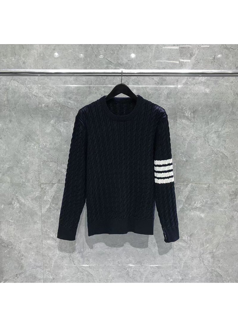 Thickened Cable Knit Winter Sweater Men Women Casual Fashion Round Neck Pullover Coarse Wool Top Versatile Knitwear Navy