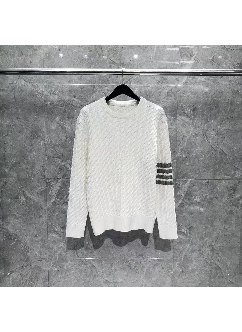 Thickened Cable Knit Winter Sweater Men Women Casual Fashion Round Neck Pullover Coarse Wool Top Versatile Knitwear White