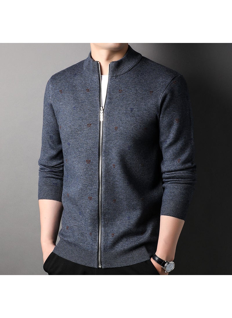 Mens Knitted Zipper Cardigan Half High Collar Casual Warm Spring Autumn Outerwear Fashionable Long Sleeve Straight Cut medium gray
