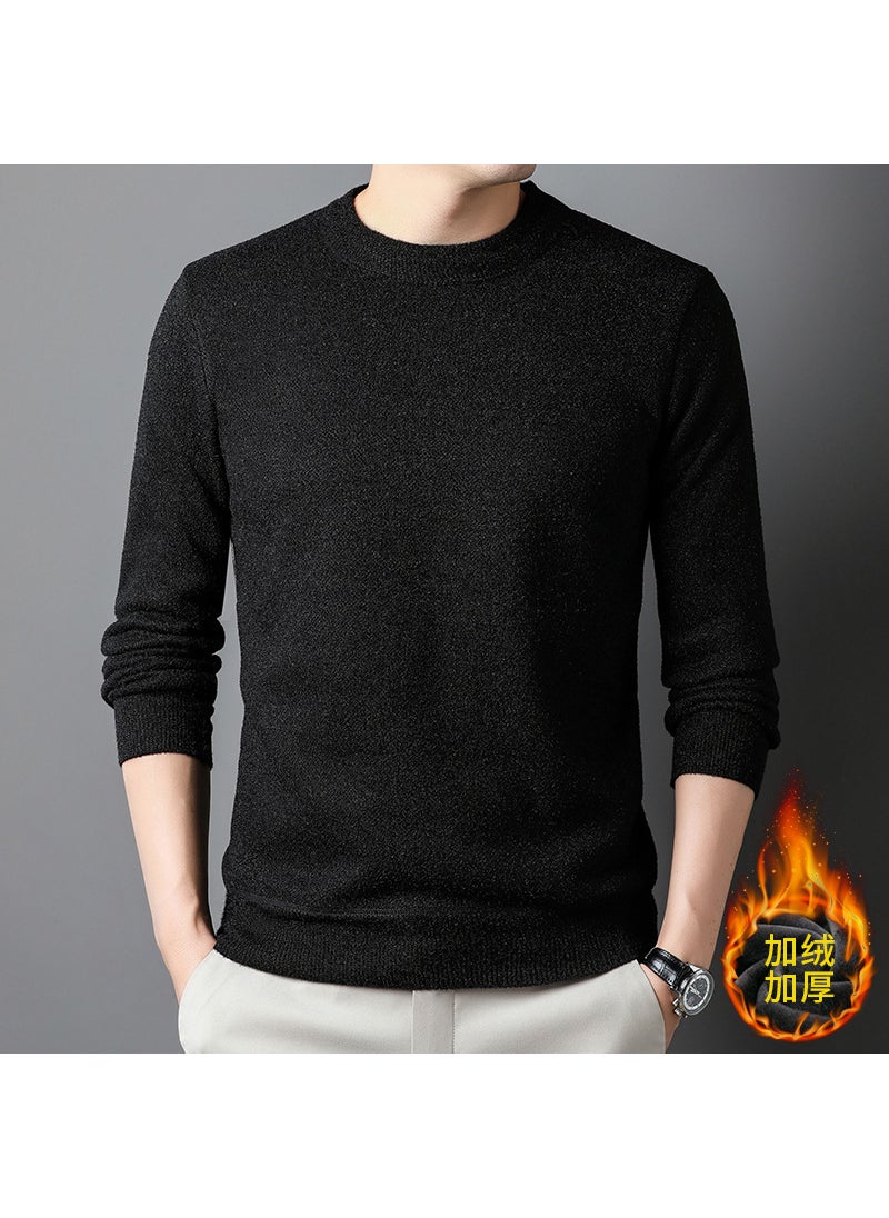 Winter Corduroy Faux Fur Men Clothing Thickened Round Neck Casual One-piece Corduroy Knitted Shirt Men Overhead Base Black fleece-lined