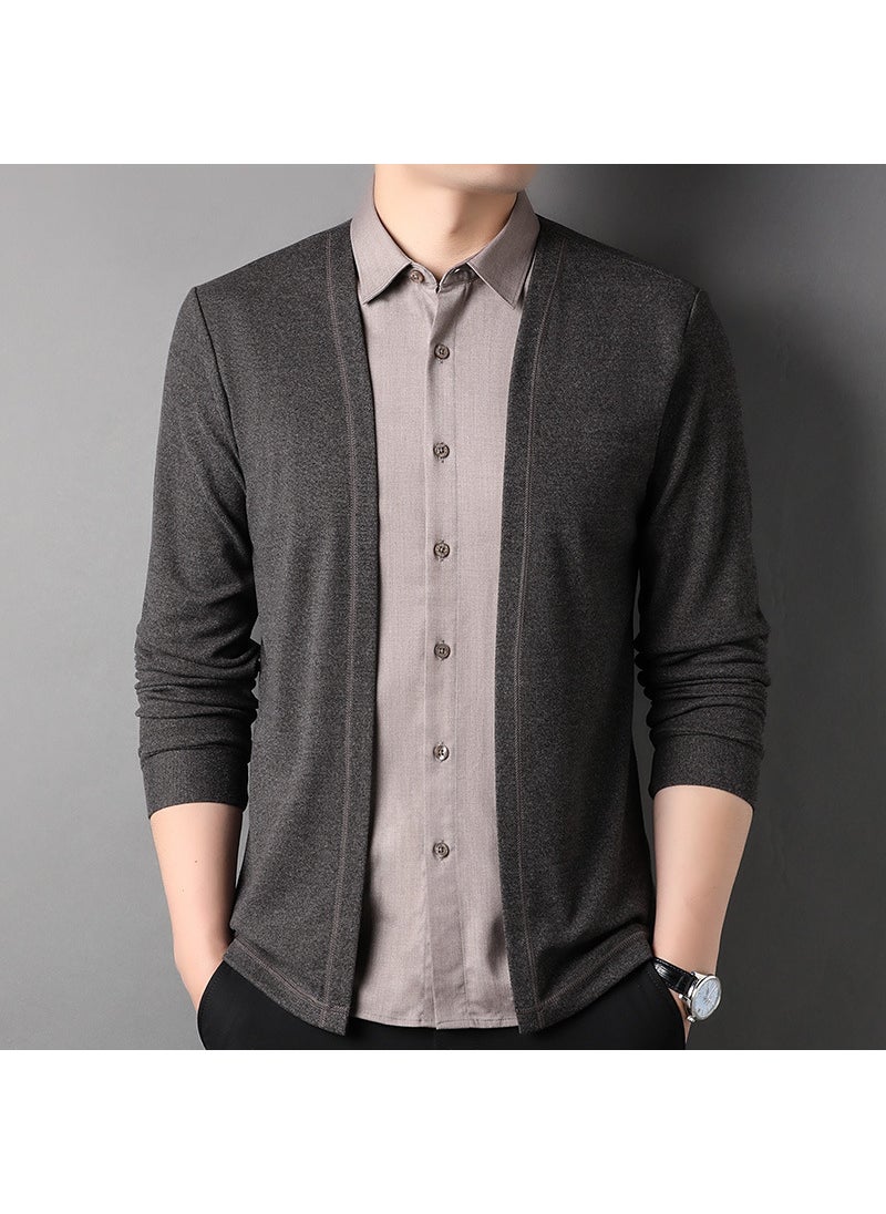 Mens Knitted Cardigan Shirt Collar Trendy Fashion Spring Autumn Versatile mid Youths Long Sleeve Slim Fit Casual Polyester Fiber medium coffee