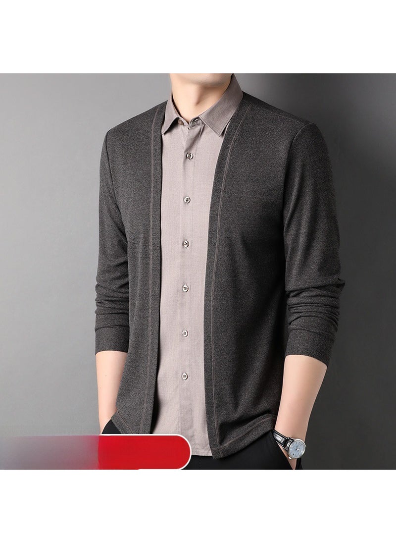 Mens Knitted Cardigan Shirt Collar Trendy Fashion Spring Autumn Versatile mid Youths Long Sleeve Slim Fit Casual Polyester Fiber black gray