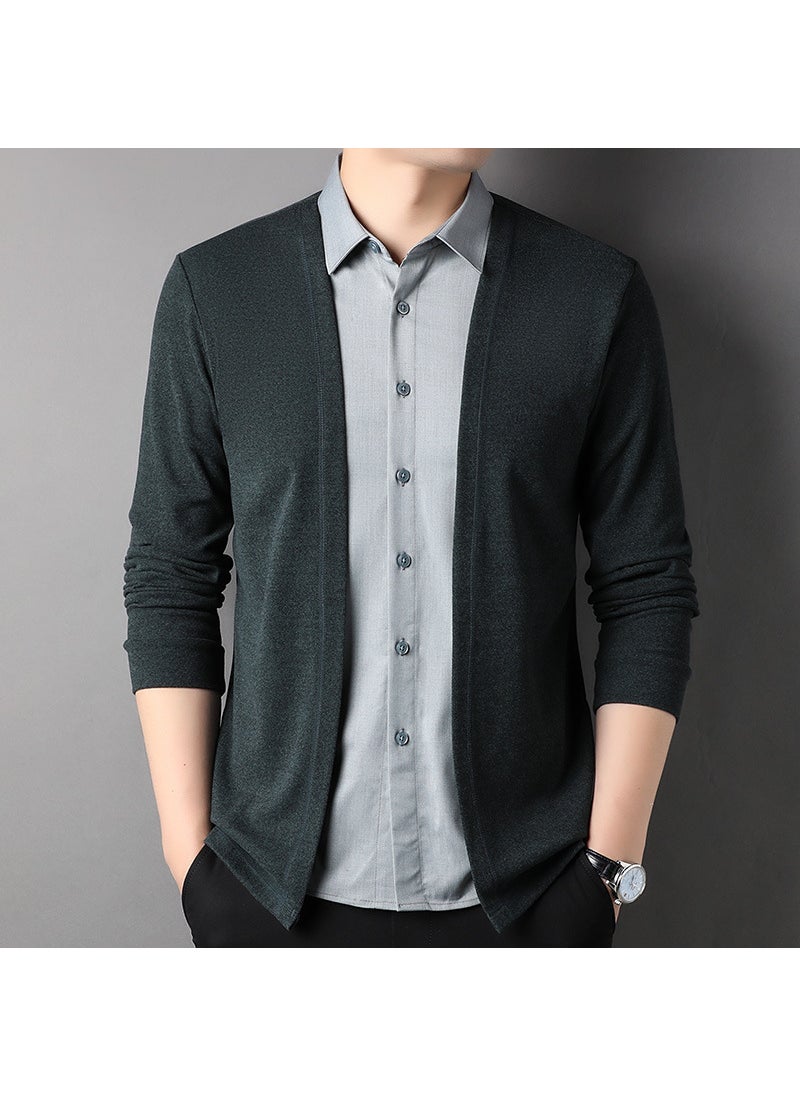 Mens Knitted Cardigan Shirt Collar Trendy Fashion Spring Autumn Versatile mid Youths Long Sleeve Slim Fit Casual Polyester Fiber black gray