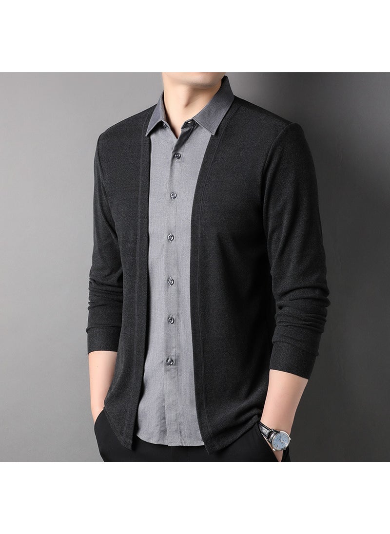 Mens Knitted Cardigan Shirt Collar Trendy Fashion Spring Autumn Versatile mid Youths Long Sleeve Slim Fit Casual Polyester Fiber black gray