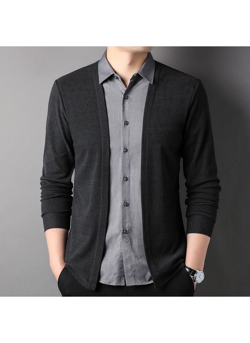 Mens Knitted Cardigan Shirt Collar Trendy Fashion Spring Autumn Versatile mid Youths Long Sleeve Slim Fit Casual Polyester Fiber black gray