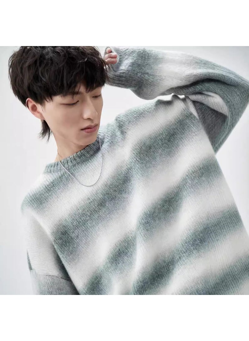 Loose Long Sleeve Round Neck Mens Knitted Sweater Cashmere Striped Casual Outerwear Woolen Coat Breathable Thickened Winter Youth Green