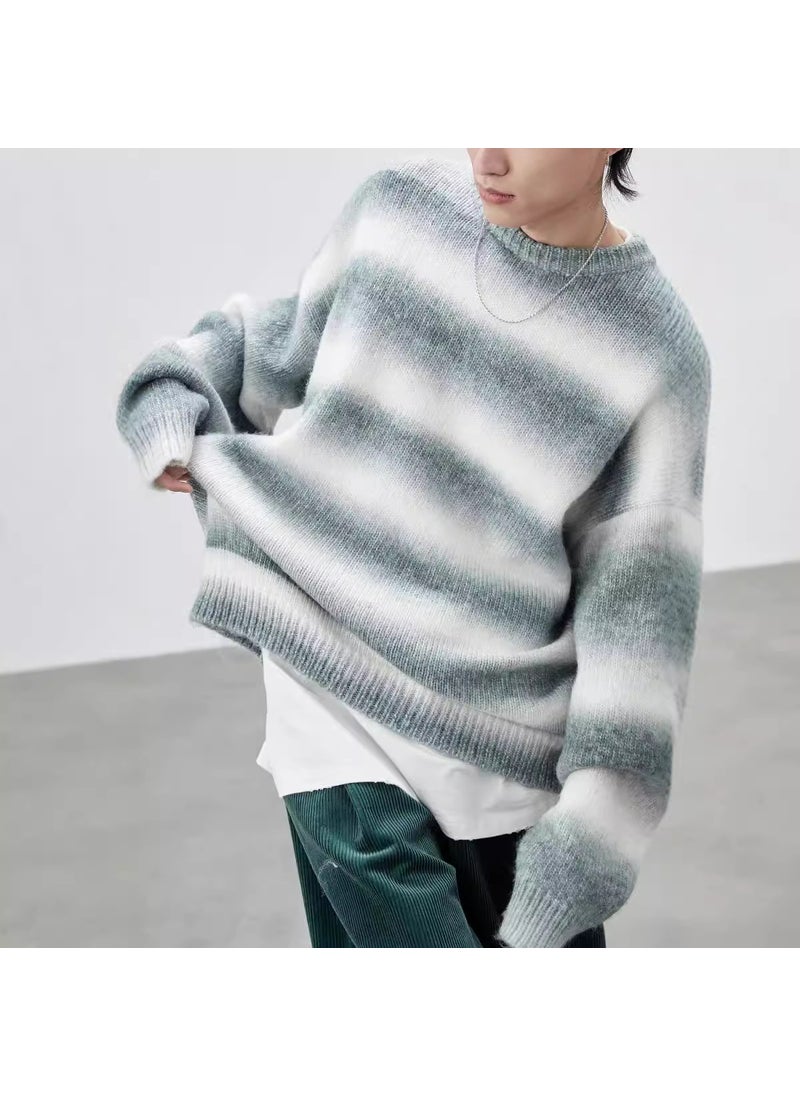 Loose Long Sleeve Round Neck Mens Knitted Sweater Cashmere Striped Casual Outerwear Woolen Coat Breathable Thickened Winter Youth Green