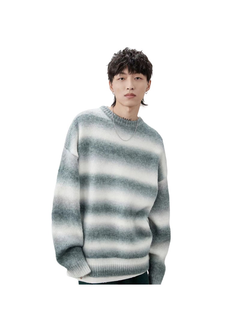 Loose Long Sleeve Round Neck Mens Knitted Sweater Cashmere Striped Casual Outerwear Woolen Coat Breathable Thickened Winter Youth Green