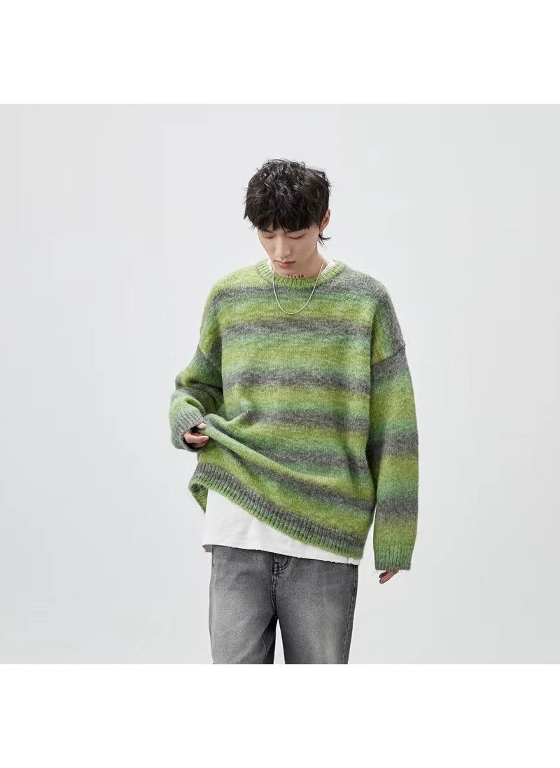 Loose Long Sleeve Round Neck Mens Knitted Sweater Cashmere Striped Casual Outerwear Woolen Coat Breathable Thickened Winter Youth Blue