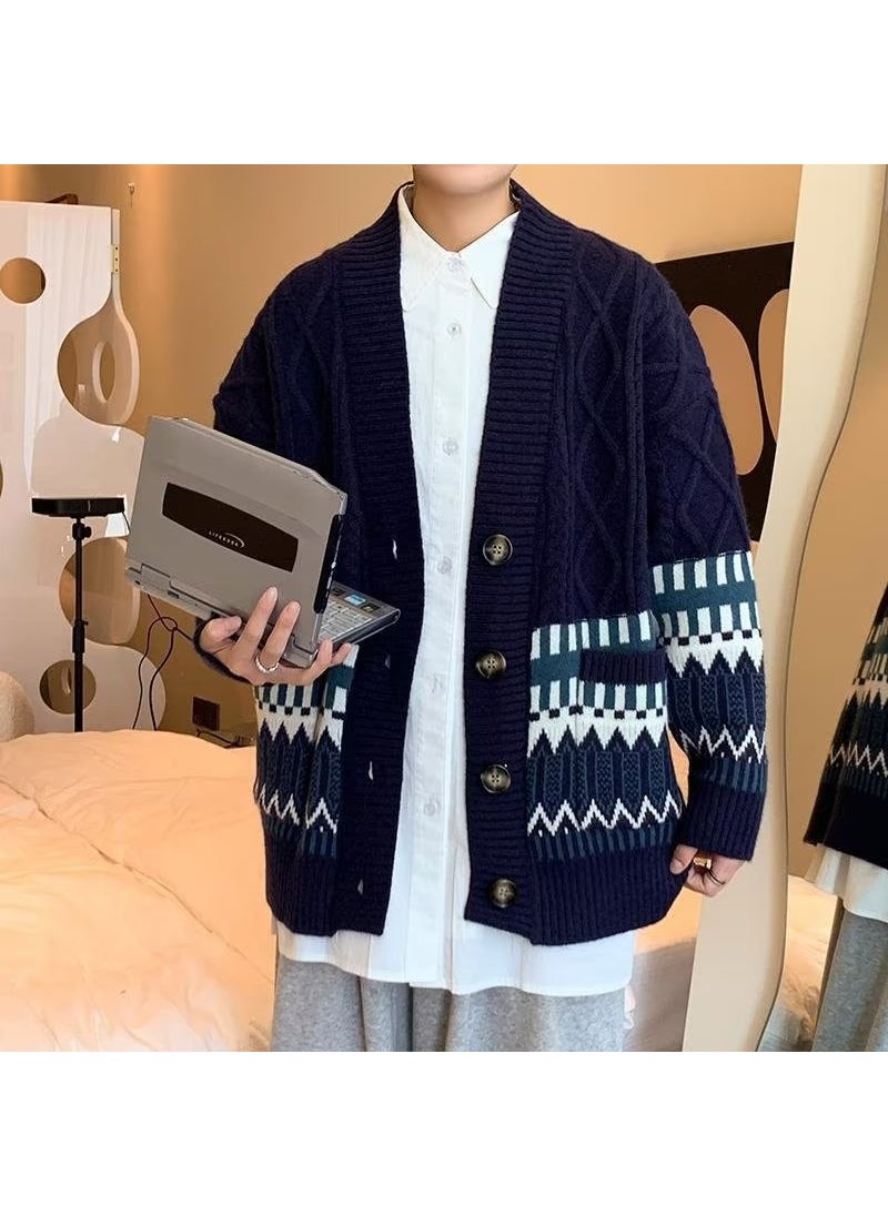 Trendy Korean Style Mens Cardigan Sweater Loose Fit Knitted Top Casual Jacket For Spring Autumn Hong Kong Style Youth Navy blue
