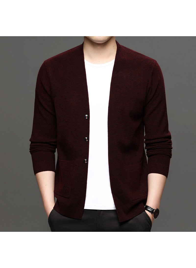 Mens Knitted Sweater Cardigan Casual Slim Fit Solid Color Outerwear with Pocket V-Neck Long Sleeve Fashionable Autumn Wear Red