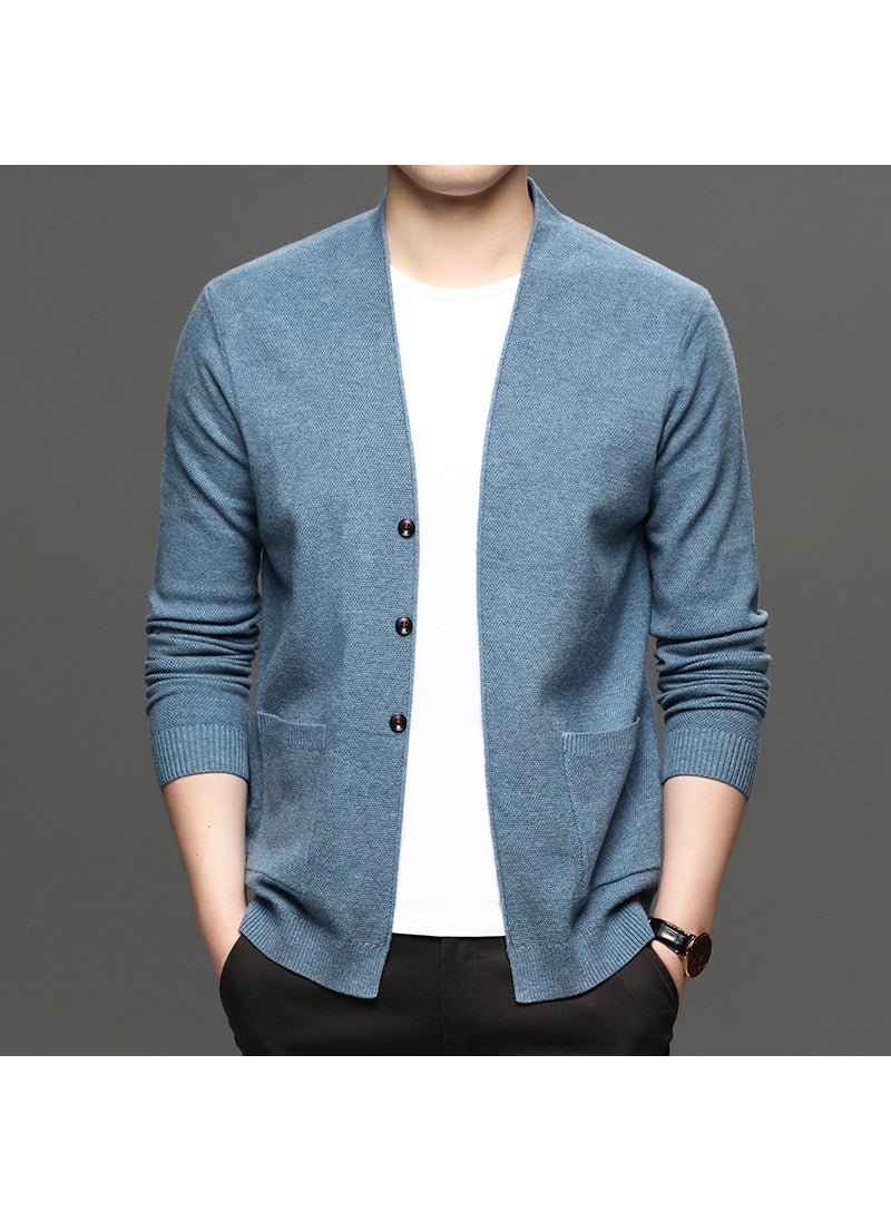 Mens Knitted Sweater Cardigan Casual Slim Fit Solid Color Outerwear with Pocket V-Neck Long Sleeve Fashionable Autumn Wear sky blue