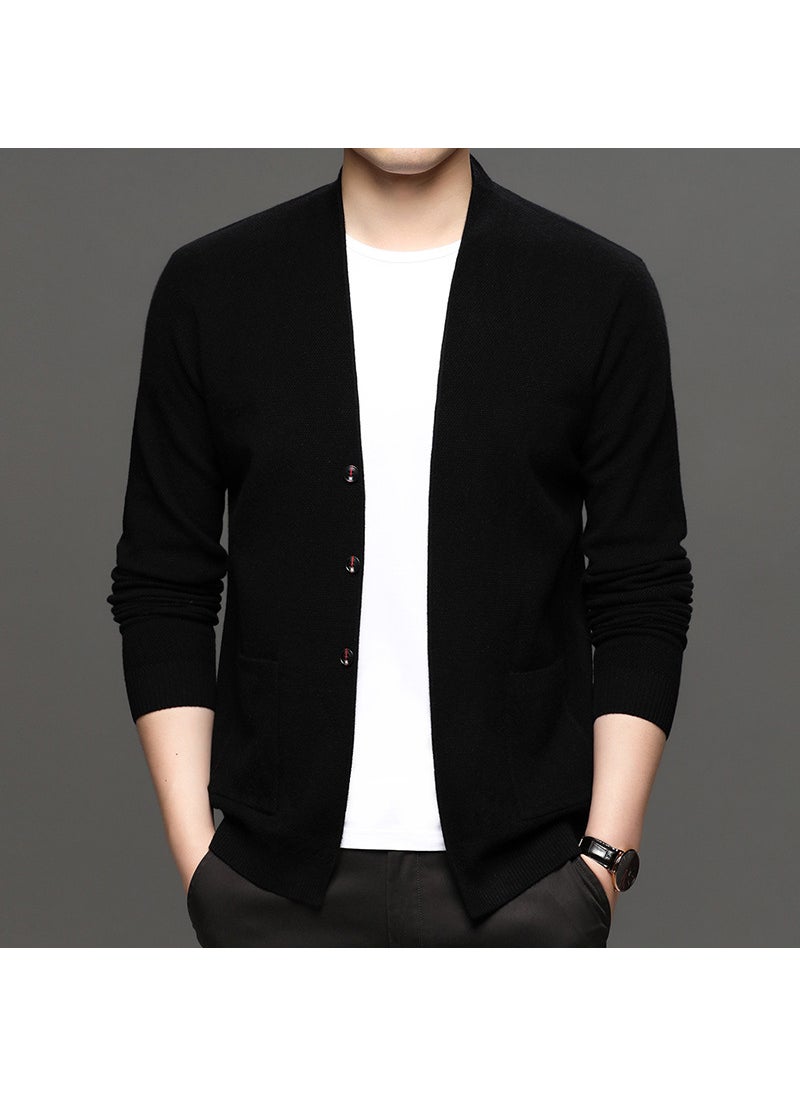 Mens Knitted Sweater Cardigan Casual Slim Fit Solid Color Outerwear with Pocket V-Neck Long Sleeve Fashionable Autumn Wear Black