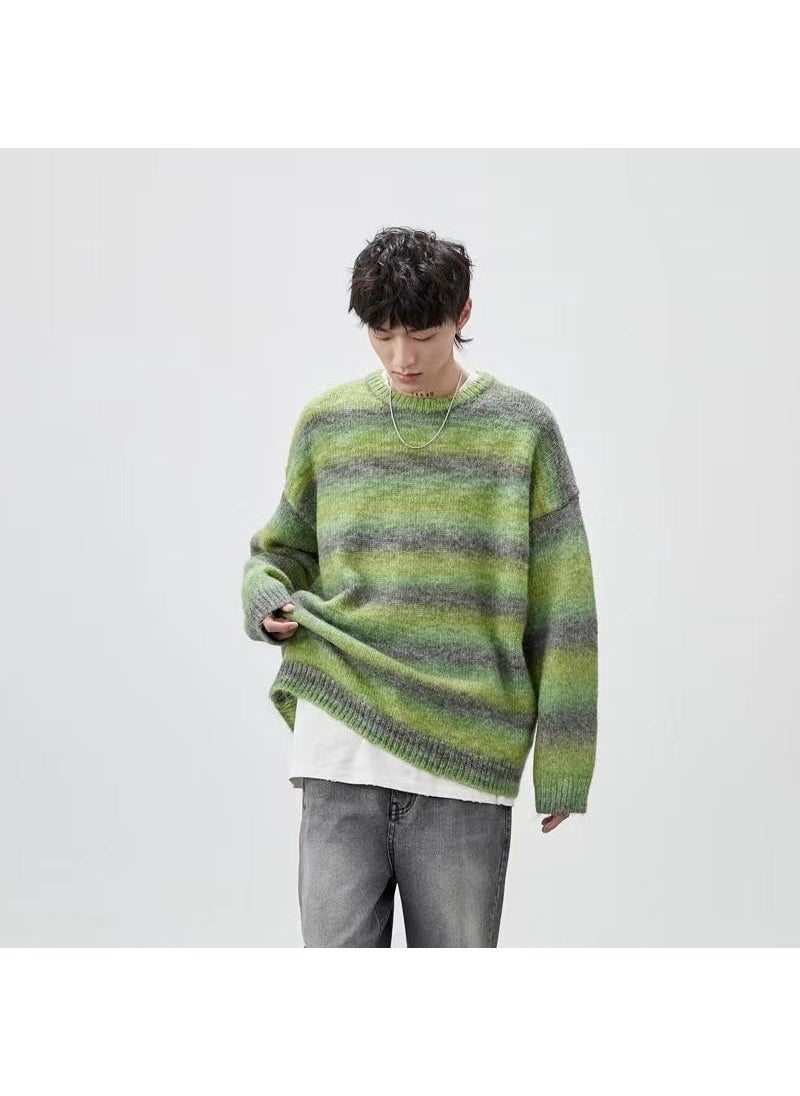 Gradient Color Mens Sweater Loose Striped Contrast Color Cashmere Knitted Shirt Couple Style Autumn Winter Trend Top Green