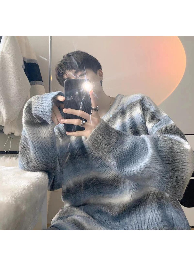Gradient Color Mens Sweater Loose Striped Contrast Color Cashmere Knitted Shirt Couple Style Autumn Winter Trend Top Blue