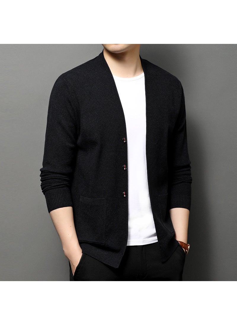 Mens Knitted Sweater Cardigan Casual Slim Fit Solid Color Outerwear with Pocket V-Neck Long Sleeve Fashionable Autumn Wear medium green
