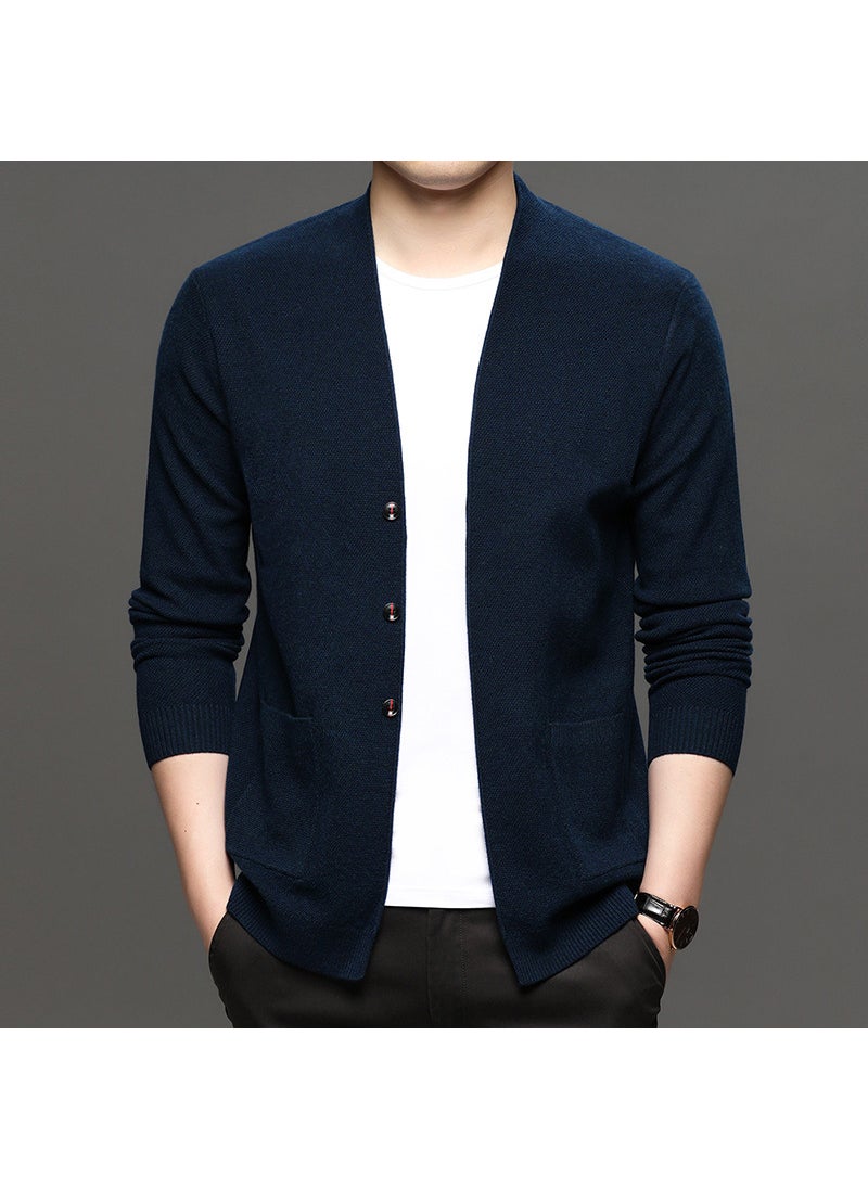 Mens Knitted Sweater Cardigan Casual Slim Fit Solid Color Outerwear with Pocket V-Neck Long Sleeve Fashionable Autumn Wear medium green